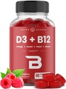 NutraChamps Vitamiin D3 ja B12, Metüül B12 Gummies täiskasvanutele ja lastele, täiustatud vitamiin D 3 ja B9 Vitamiin Folaat, looduslik energia, meeleolu, ainevahetus ja fookus, Vaarika, 60 Gummies