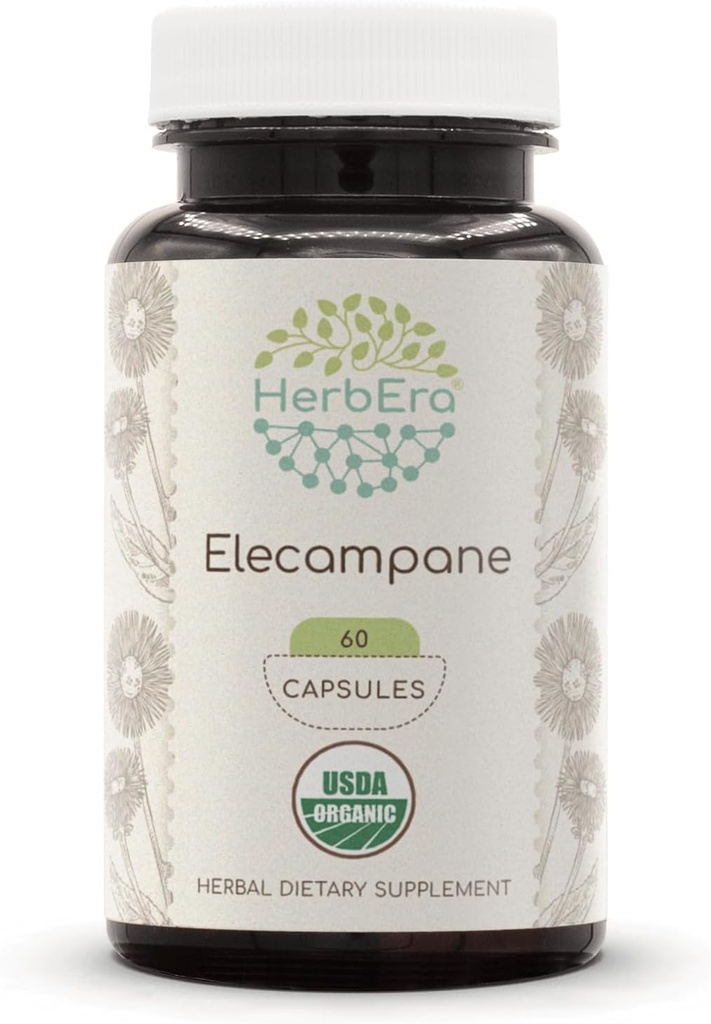 HerbEra Elecampane USDA Orgaaniline 60 kapslit | Looduslik taimsete toidulisand | Sertifitseeritud orgaanilised taimetoitlased kapslid ja orgaaniline Elecampane (Inula Helenium) Kuivatatud juur (60 kapslit)