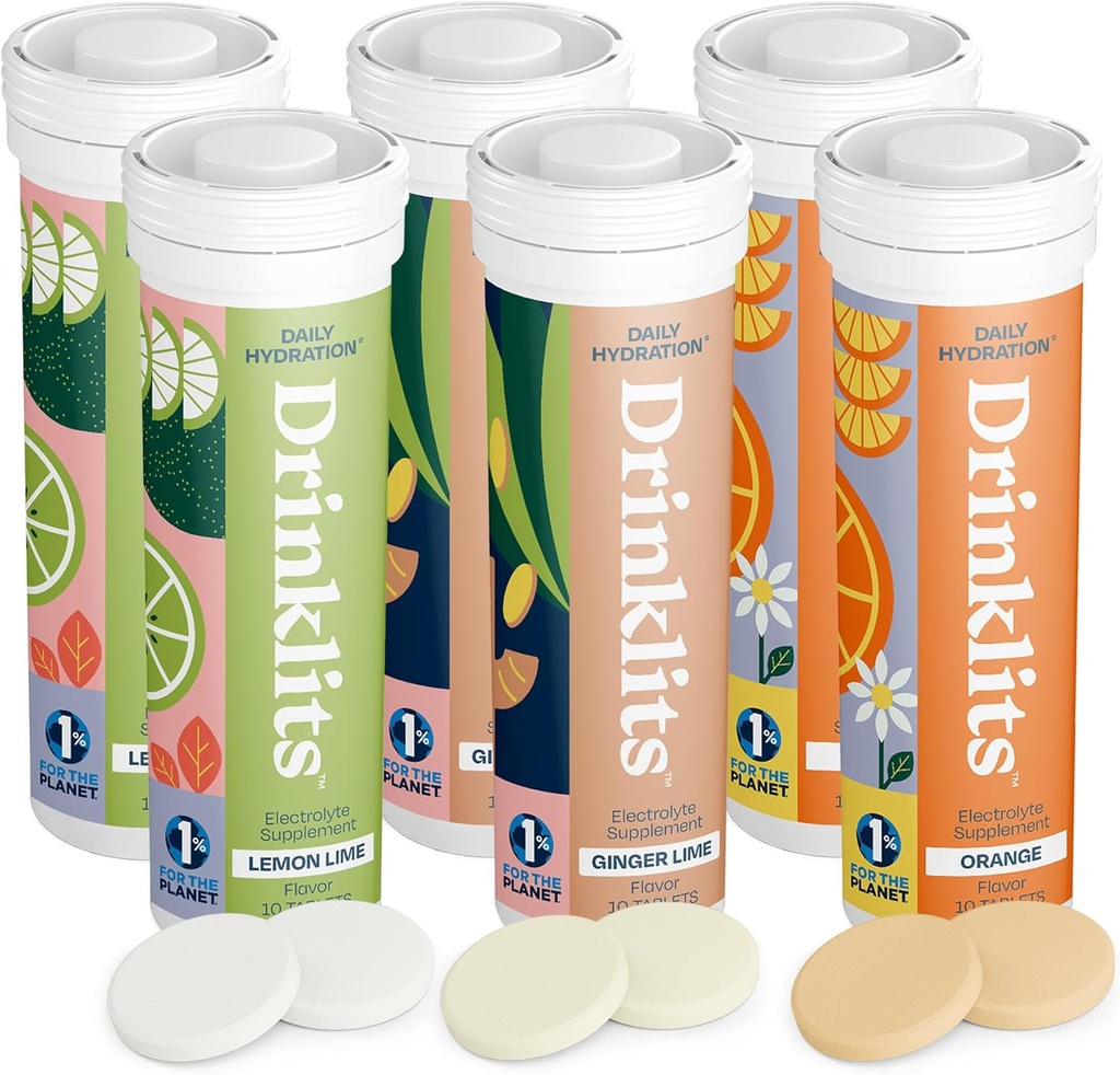 Joogiklaasid Hüdreerimine Tabletid Variety Pack (6) Tube Bundle | Ingver-Lime + Sidrun-Lime + Orange | Maitsev looduslikud maitsed – 0g Suhkur – Elektrolüüt Spordijook | 6 Pack (60 Servings)