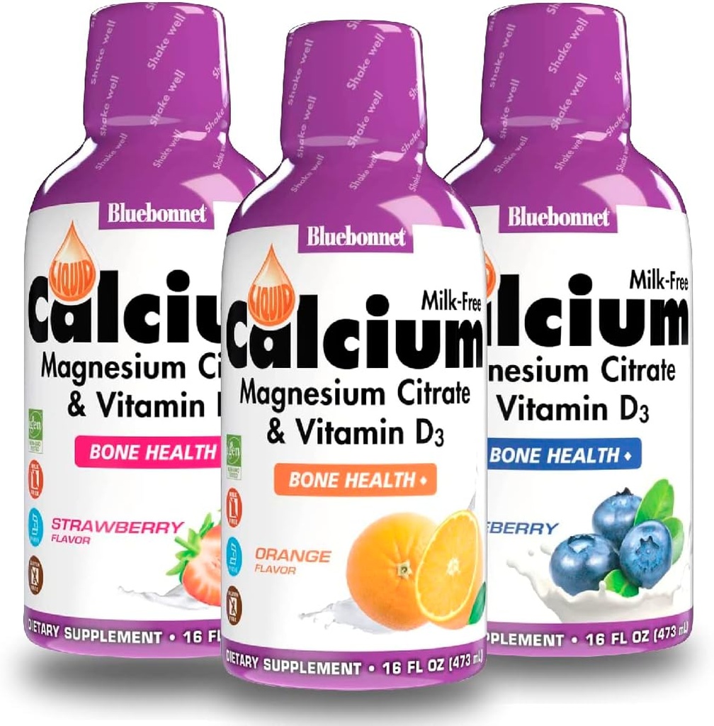 Bluebonnet Vedel Kaltsiumtsitraat Magneesiumtsitraat, D3-vitamiin Apelsini, mustika ja maasikamaitse, 3 pudelit 16 Fl Oz Iga (48 Fl Oz Kokku)