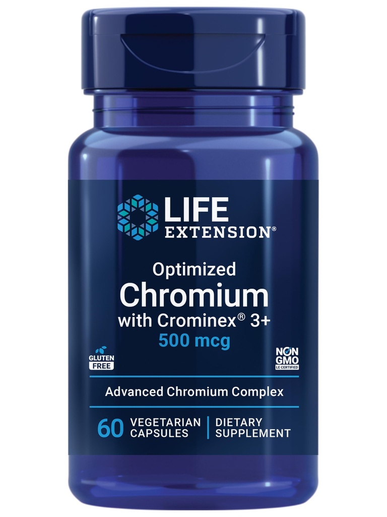 Elu pikendamine Optimeeritud kroomi Crominex 3 + 500 mcg, Metabolism Tervis, Tervislik tasakaal, Taimetoitlane, Gluteenivaba, Mitte-GMO, 500 mcg, 60 taimekapslit
