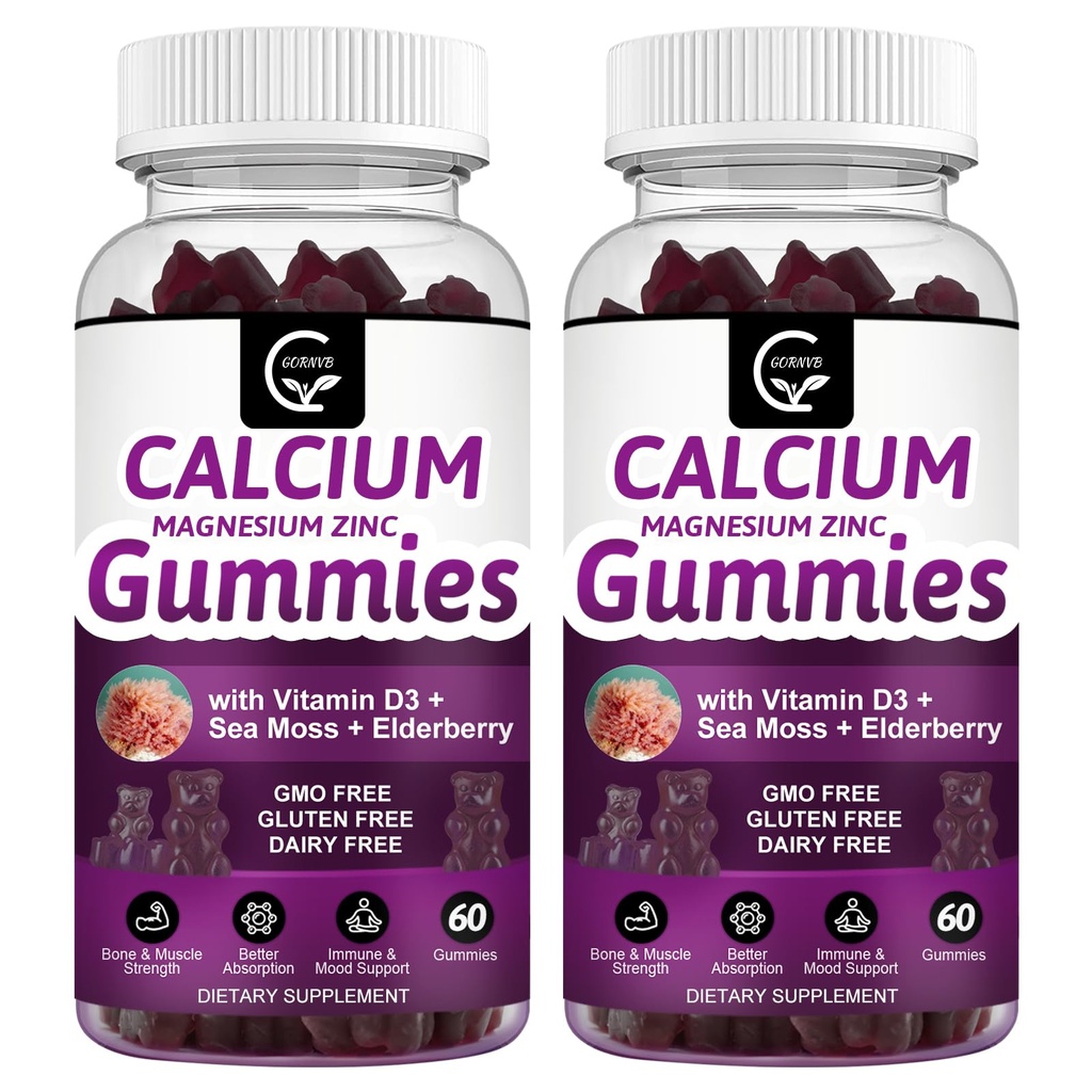 Kaltsium Magneesium Tsink Gummies suure imendumisega Magneesium Glütsinaat Kaalium - Taimekompleks Kaltsium Magneesium 2: 1 suhe, D3 Sea Sammal Luu, Lihased, Immun & Sleep Support, Vegan-2 Pack