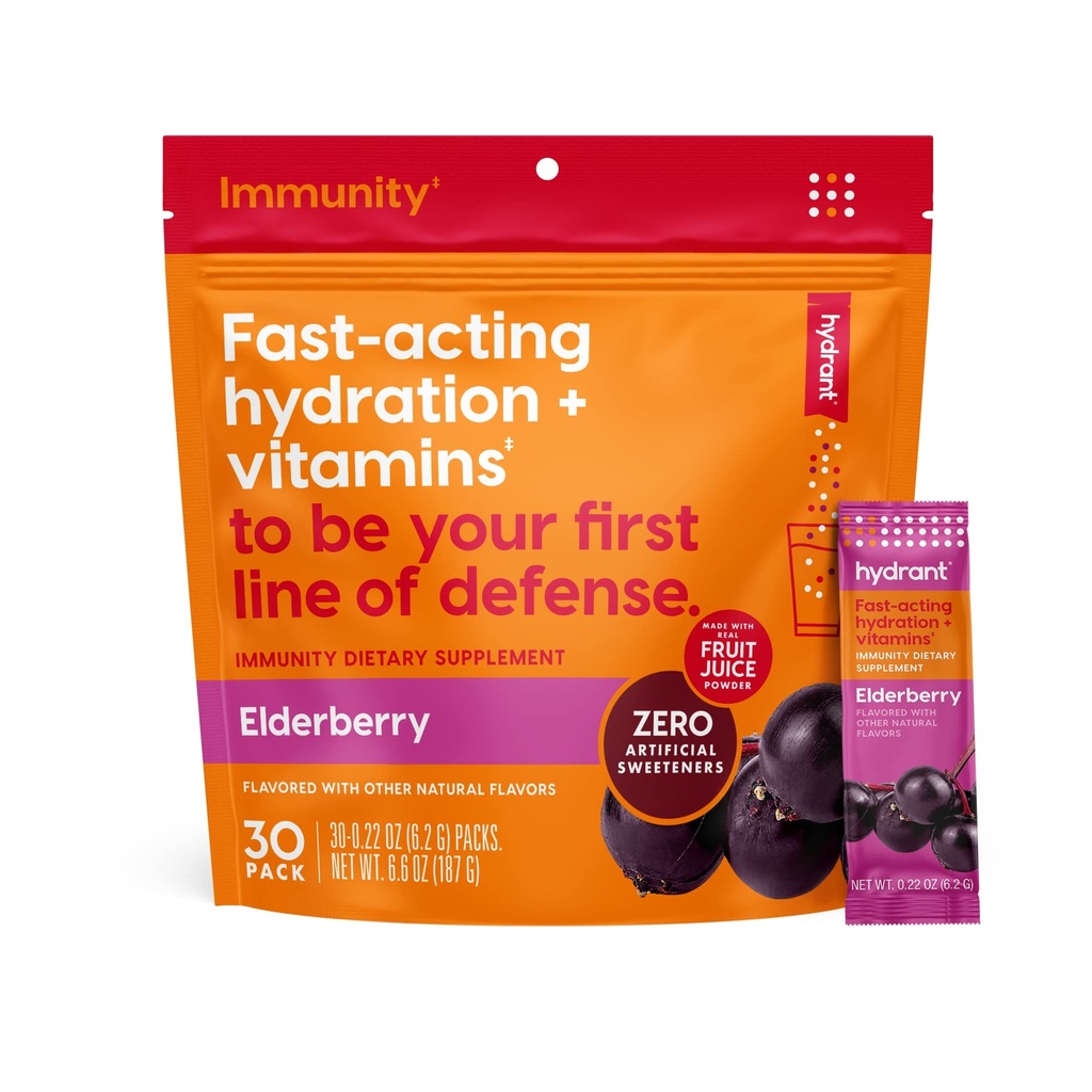 Hüdraat - Immuunsus Elektrolüütide pulber, Elderberry Maitse, 30 Instant Rehüdratsioonipulk Pakendid - Elektroyte Blend koos C-vitamiini, D-vitamiini ja Tsink Immuunsüsteemi toetuseks