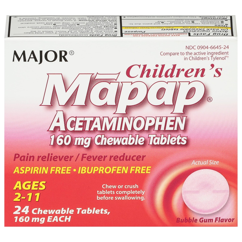 MAJOR Lastekaart Acetaminophen 160 mg närimistabletid - valu leevendaja / palaviku vähendaja - aspiriinivaba - ibuprofeenivaba - vanuses 2 kuni 11-24 Loe (1 pakend)