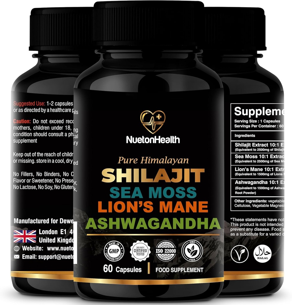 Shilajit, Sea Moss, Lõvi Mane ja Ashwagandha kapslid - põhjalik kõik-ühes tervise täiendus meele, keha ja elujõu jaoks - 60 vegankapslit