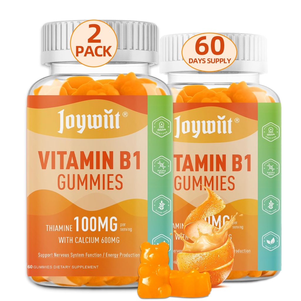 Vitamiin B1 Gummies 100mg täiskasvanutele ja lastele, tiamiin B1 täiendus 600mg kaltsiumiga, närvisüsteemi toed ja energia suurendamine, oranž maitse, GMO-vaba, vegan, 120 närimiskummid