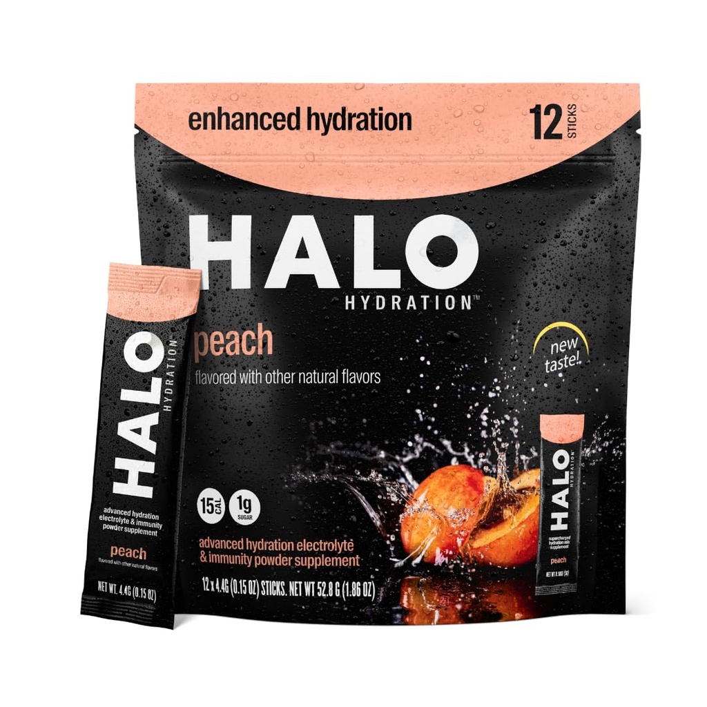HALO Hüdratsioon - Elektrolüütide Joogi Segu | Hüdraadipulber Pakid | Virsikumaitse- Spordile ja Jalgrattale | Lihtne avatud ühekordne serveerimispulk | 12 pulka