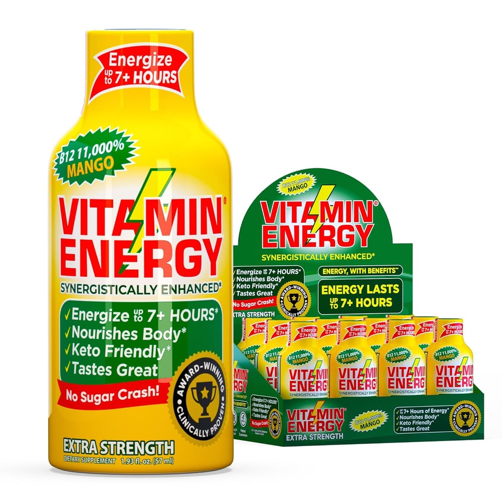 Vitamiin Energia B12 11 000% Extra Strength Energy Shot Mango 12 Pack, 260mg Natural Caffeine, B12 & B6, Nootropic Focus, Vitality, Zero Sugar, Gluteenivaba, Vegan, Kosher, 1,93 fl oz