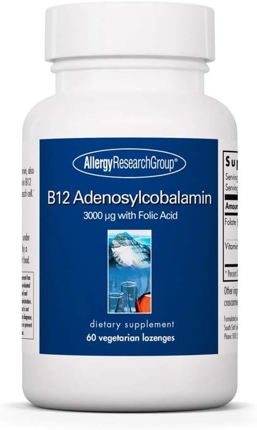 Allergia uurimisrühm B12 Adenosüülkobalamiini lisand - foolhappega, vitamiin B12 3000 mcg, folaat, puhas B12, taimetoitlased lozenges - 60 krahv
