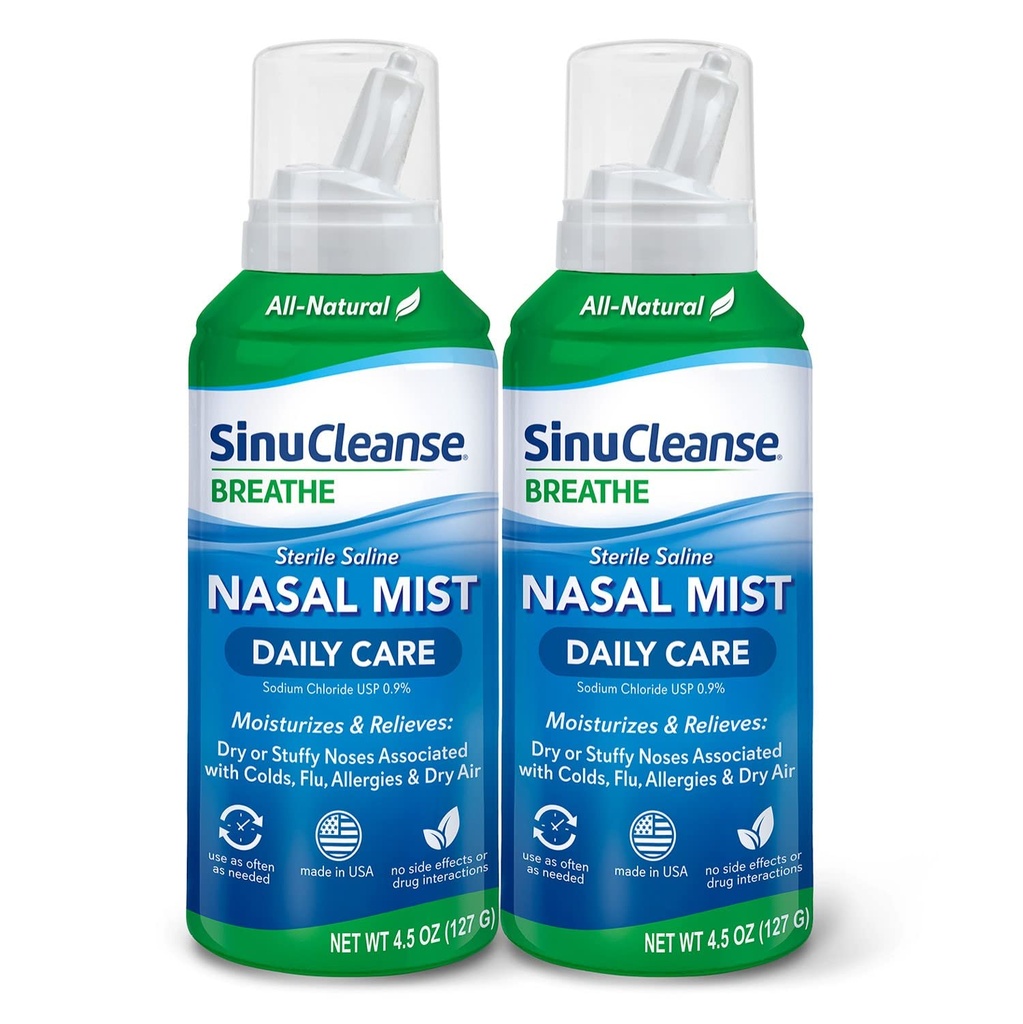 SinuCleanse igapäevane hooldus Steriilne soolane ninasprei, Ultra Fine Mist, koheselt niisutab ja leevendab igapäevaseid nina ummistusi külma ja kuiva õhu tõttu, 4,5 Oz (2 Pack), valmistatud USAs