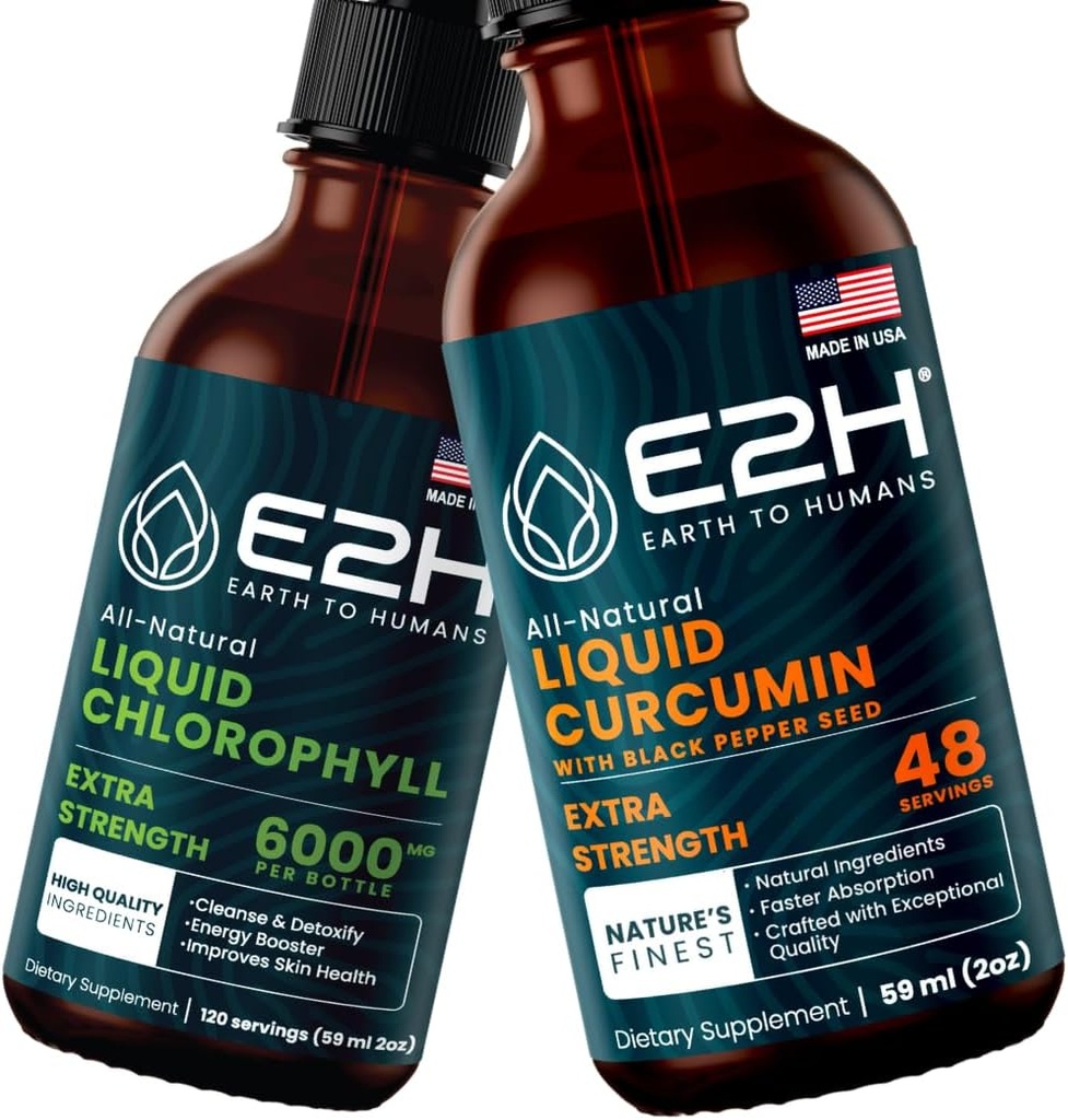 E2H: vedel klorofüll ja vedel kurkumi kurkumiin | vegan, mitte-GMO - 2 Fl Oz iga (4 Fl Oz kokku) - komplekt