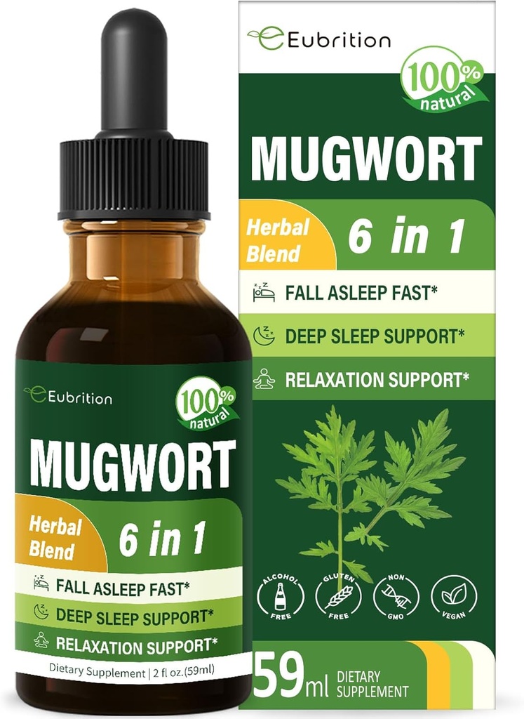 Mugwort Herb Vedelik tilgad Sleep Support, Mugwort Lehed (Artemisia vulgaris) Kõik in 1 valem Lõõgastamiseks Toetus, Taimne täiendus Valerian Chamomile Tulsi Lavendel Extract.2oz