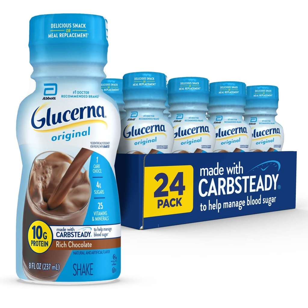 Glucerna originaaldiabeet Hooldus raputada, rikkalik šokolaad, Diabeetiline eine asendamine veresuhkru juhtimise toetamiseks, 10 g valku, 180 kalorit, valmis jooma, 8-fl-oz pudel, 24 pakend