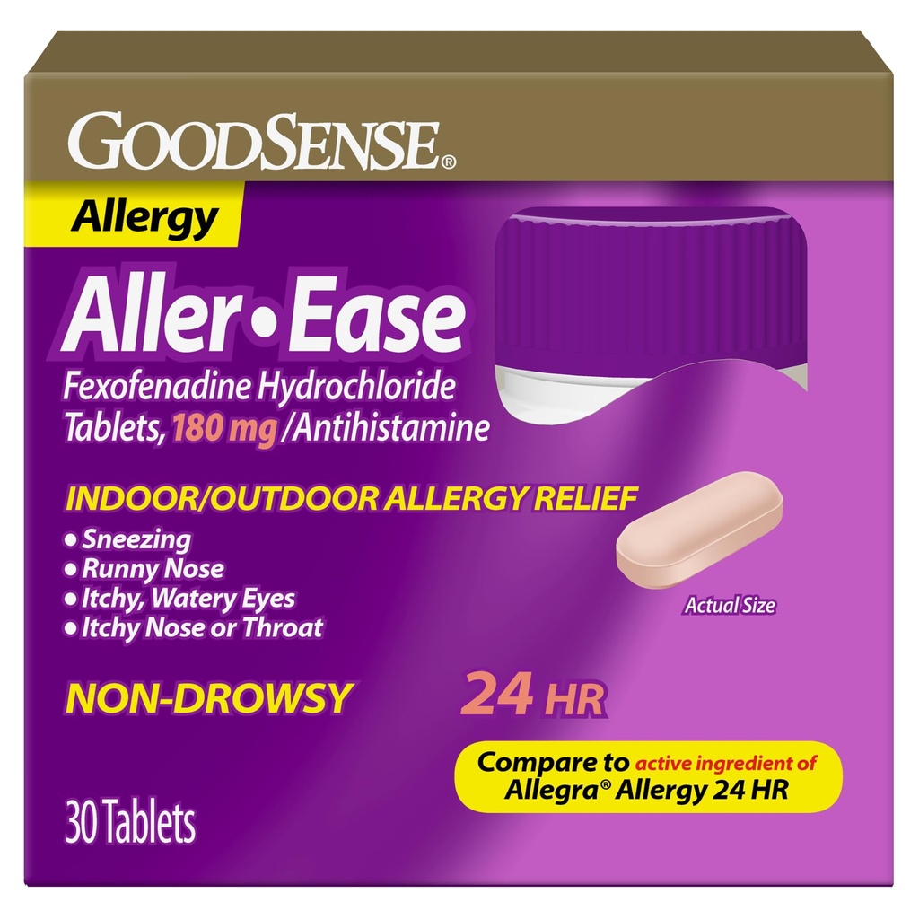 GoodSense Aller-Ease - Feksofenadiinvesinikkloriid 180 mg tabletid - 24-tunnine allergia ravim sise- ja välistingimustes leevendamiseks, 30 loend