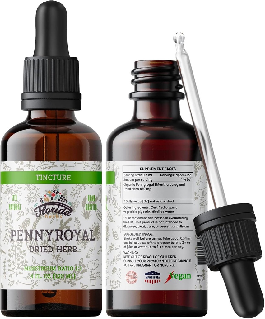 Pennyroyal Tinktuur, orgaaniline Pennyroyal Extract (Mentha pulegium) Kuivatatud maitsetaimed, Non-GMO külmpressitud orgaanilised köögiviljad Glycerin 2 oz, 670 mg