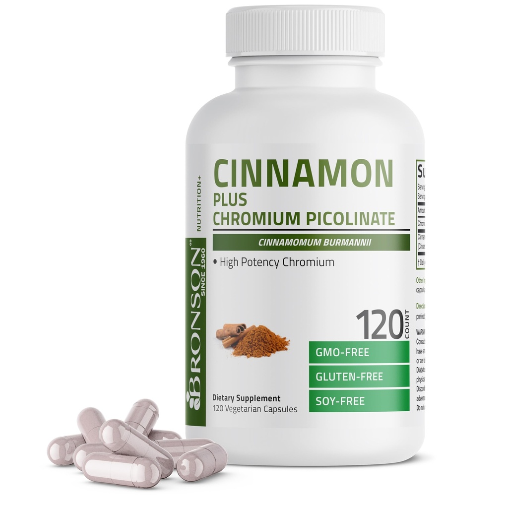 Bronson Cinnamon Plus Chromium Picolinate Supplement, High Potency Chromium, Non-GMO, 120 Taimekapslit