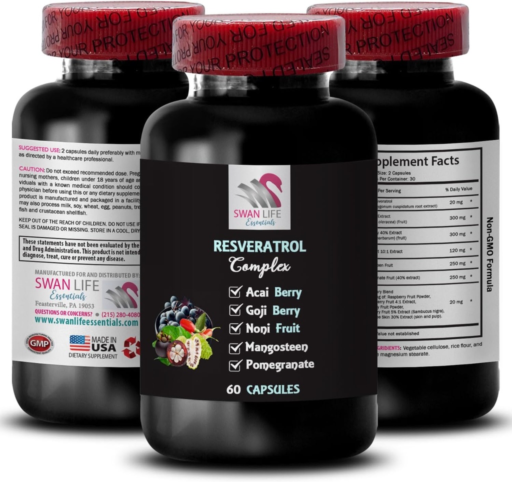 Toitaineline Boost - RESVERATROL COMLEX - Marja eelised, võimsad antioksüdandid, Goji marja toetus, Elderberry tugevus, igapäevane tugi, granaatõunaenergia, kogu toit, maitsev energia 1 pudel 60 kapslit