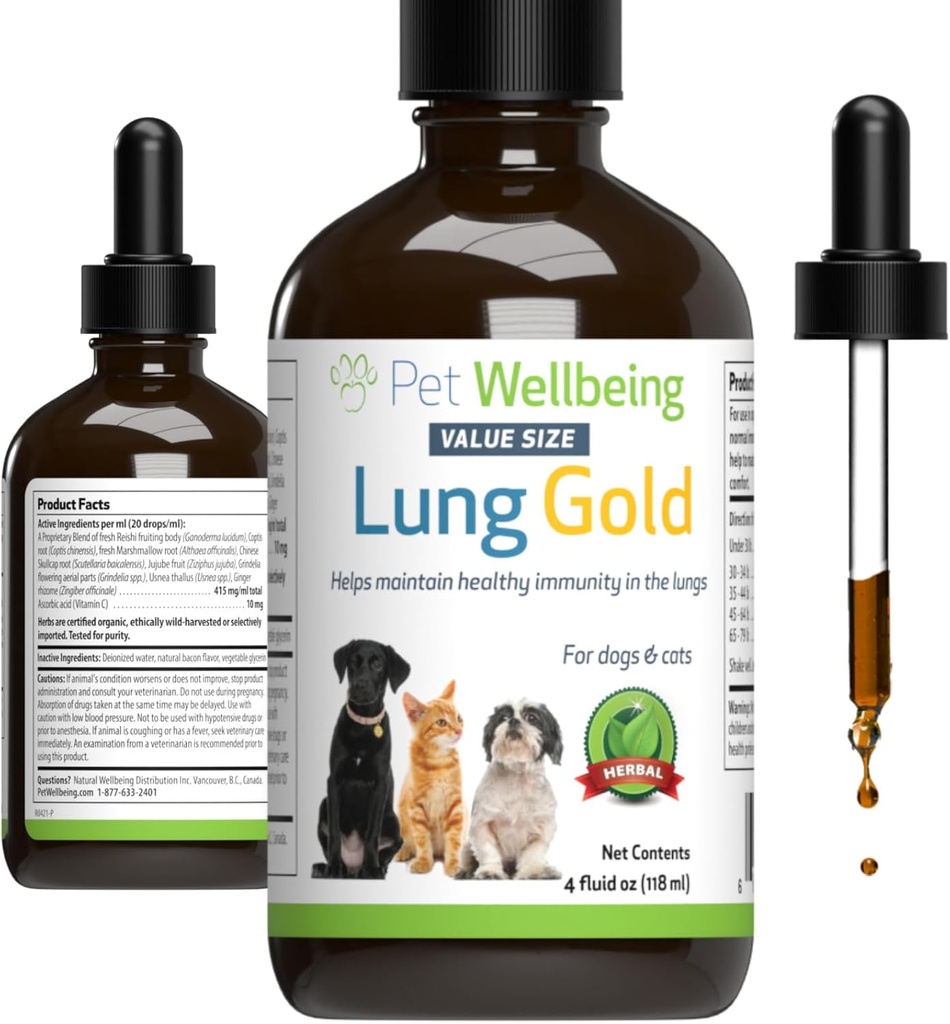 Lemmikloomade heaolu Kopsude kuld koertele ja kassidele - Vet-Formulated - Lung & Respiratory Immune Support, Open Airways, Easy Hingamine - Natural Herbal Supplement 4 oz (18 ml)