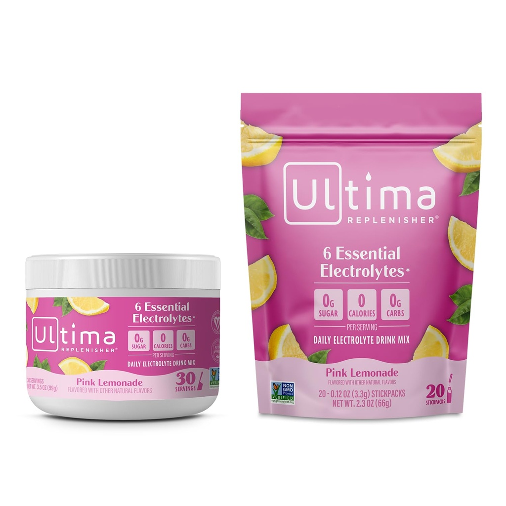 Ultima Replenisher Electrolyte Powder Drink Mix Bundle – Sugar Free – Pink Lemonade, 30 Serving Canister ja 20 Stickpacks – 6 elektrolüüte ja mineraale – Keto Friendly, Vegan, Non-GMO