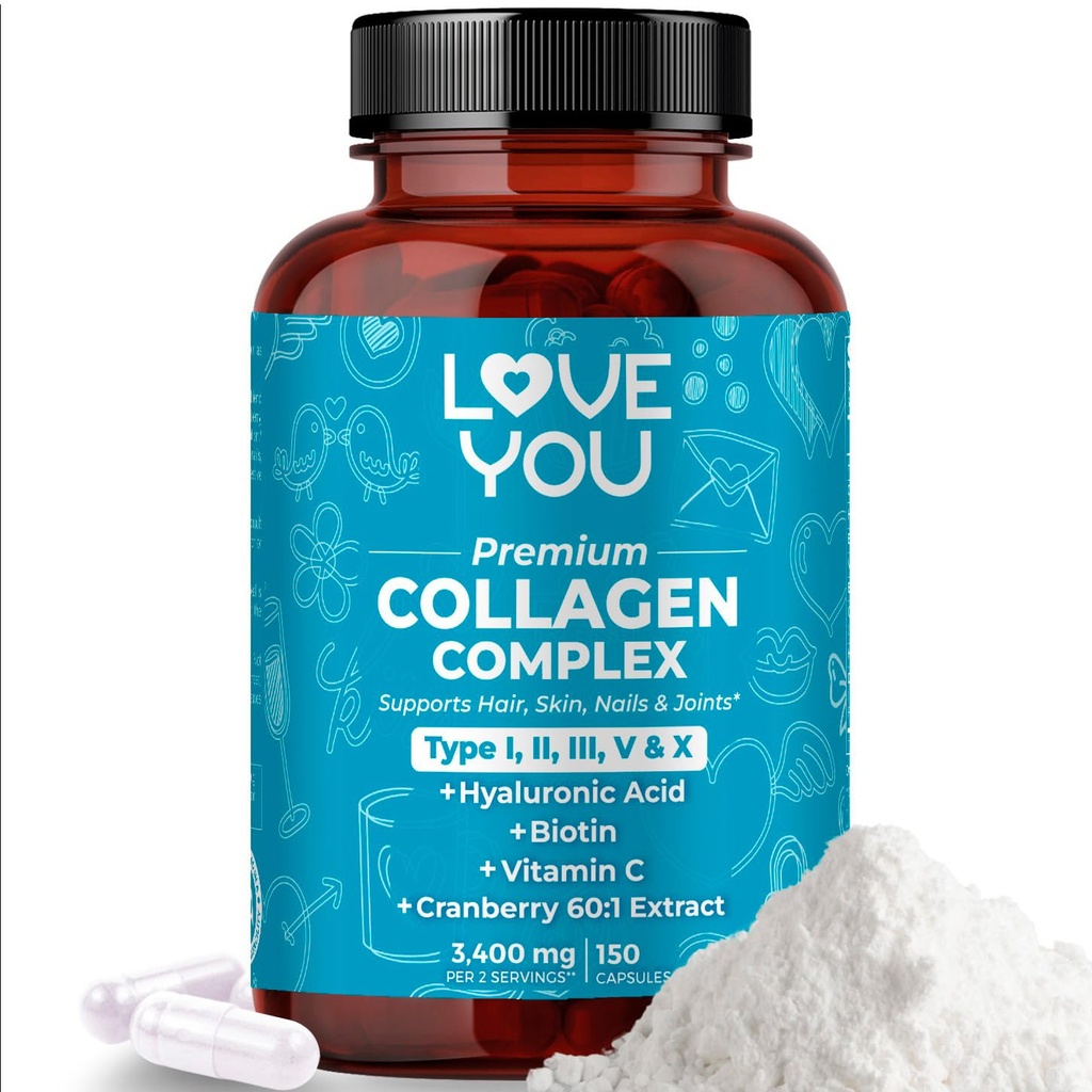 Love You Premium kollageeni kompleks - tüüp I, II, III, V & X - juuksed, nahk, küüned, liigesed ja soolestiku tugi - hüdrolüüsitud veise kollageenpeptiidid - Grass-Fed, Non-GMO, 120 kapslit, USA Made