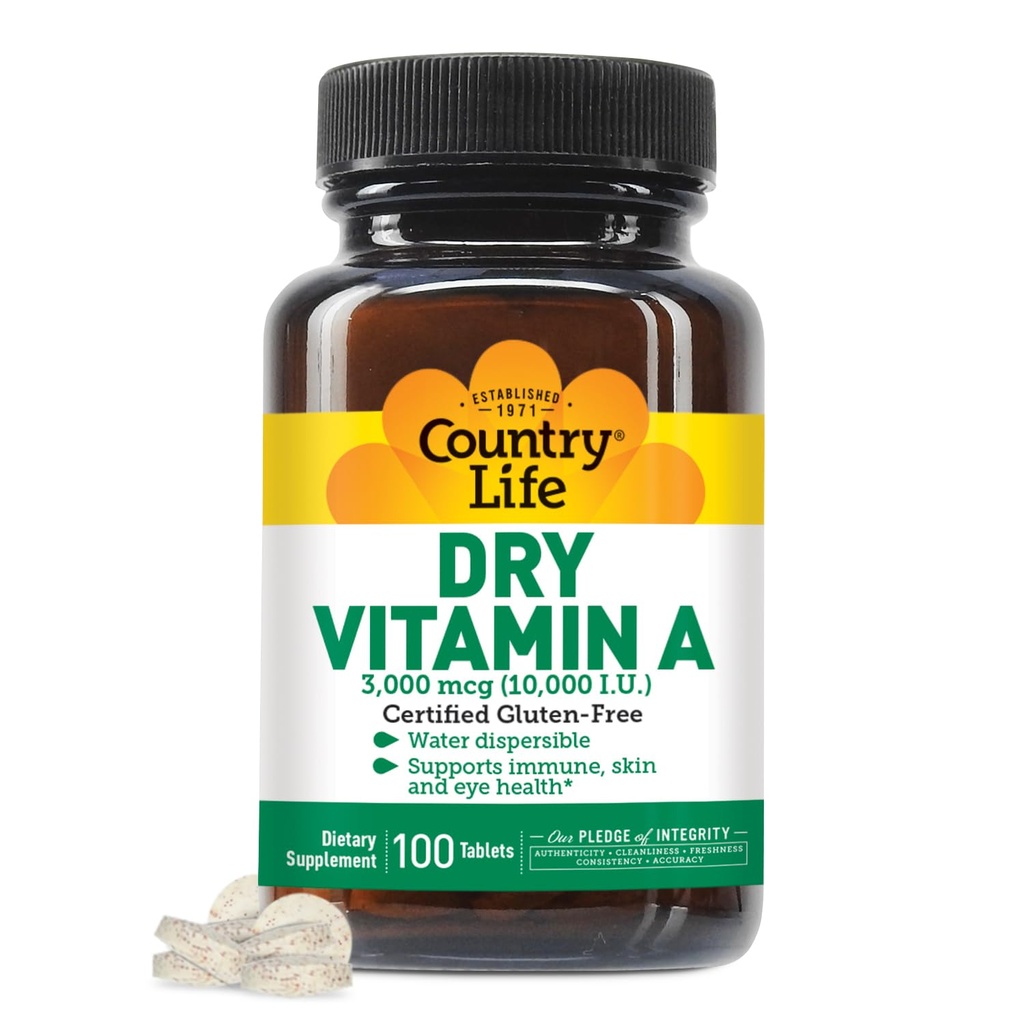 Riik Life Vitamiin A 10 000 RÜ - immuunsüsteemi tugi, naha ja silmade tervise lisand, sertifitseeritud gluteenivaba, vegan, halal, kosher, 50% beeta-karoteen ja 50% retinüülpalmitaat, lihtne imendumine - 100 tabletti