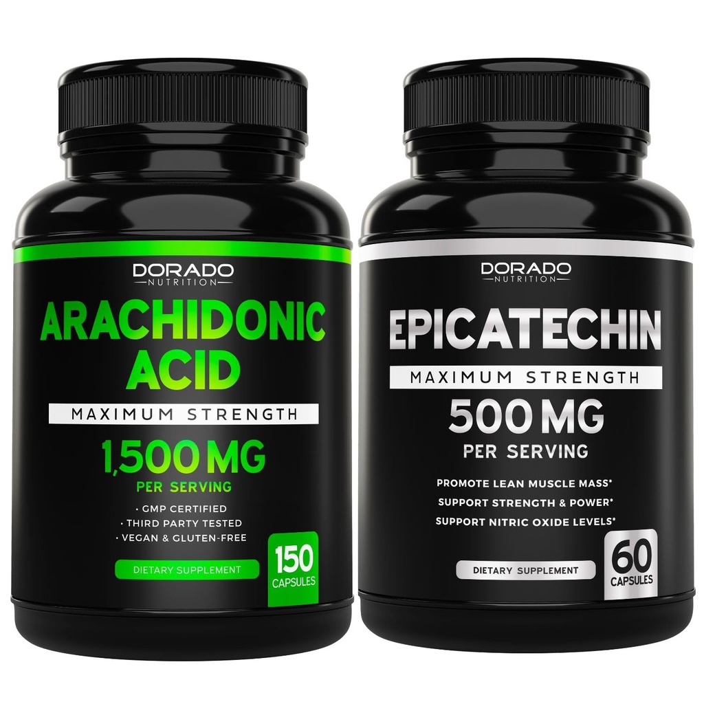 Arachidonic Acid (150 kapslit) - lihaste ja tugevuse täiendus meeste ja naiste lihasmassi ja taastumise jaoks ning epikatehhiini ekstrakt (60 kapslit) toetab lahja lihaspumpa ja kasu - mitte-GMO ja vegan