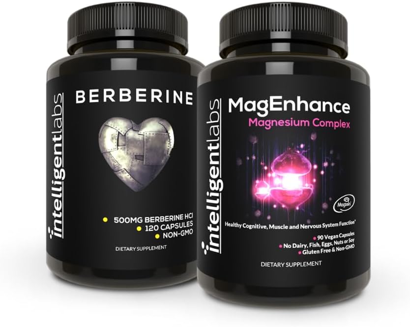 Intelligent Labs 2-in-1 komplekti MagEnhance Magneesium Supplement (Magnesium L-Threonate kompleks Mg Glycinate ja Mg Taurate) ja Max Strength Berberine 500MG kapslid