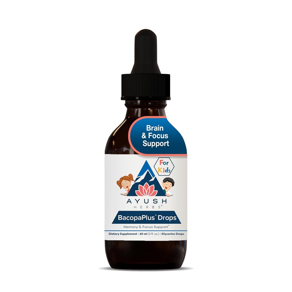 Ayush'i maitsetaimed BacopaPlus tilgad lastele - lastele keskendumine ja tähelepanu lisamine Bacopa, Ashwagandha, Ginkgo, aju ja mälu toetamine, orgaanilised koostisosad - 2 Fl Oz (80 Servings)