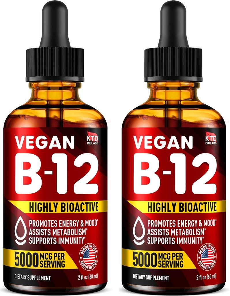Pakend 2 - B12 Sublingual 5000 mcg tilgad - valmistatud USA-s - Vegan B12 vitamiinid energia, meeleolu ja mälu - väga biosaadav sublingvaalsed tilgad - Metüülkobalamiin naistele ja meestele - 2 fl. oz.