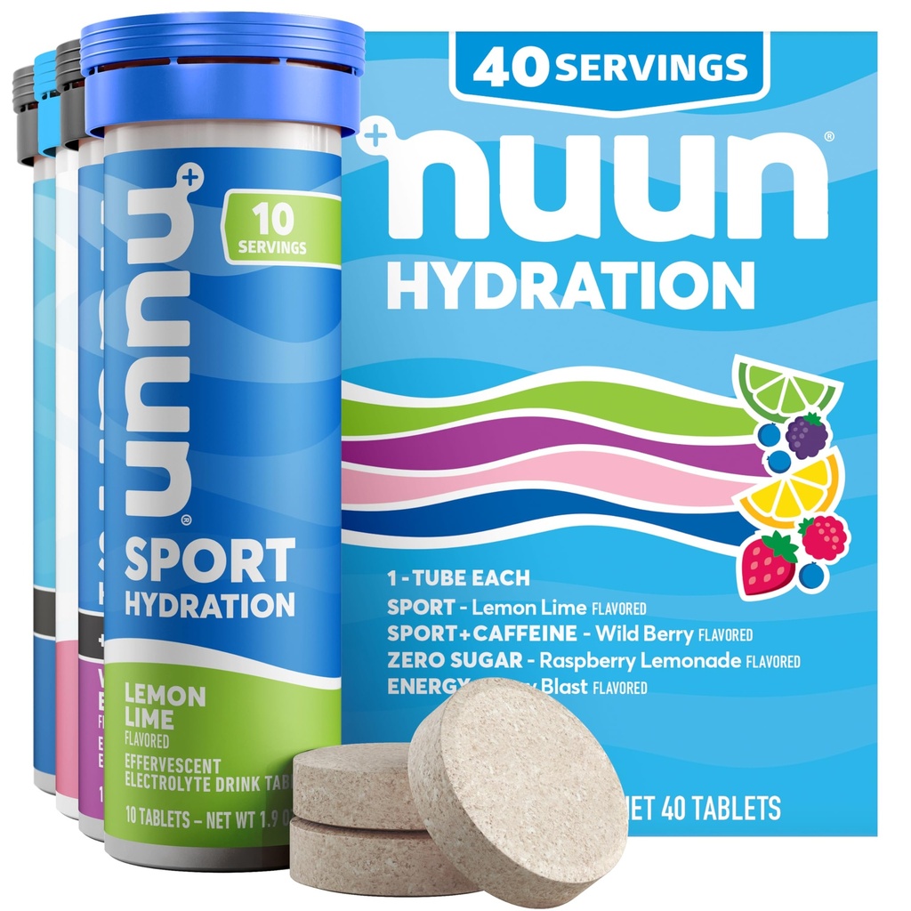 Nuun Hydration Electrolyte tabletid - Naatrium, kaalium, kloriid, kaltsium, magneesium, 1g & 0g Suhkrujoogi segu | Vegan, Gluteenivaba, mitte-GMO | Täielik pakend, segatud maitsed, 4 Pack (40 Kokku Servings)