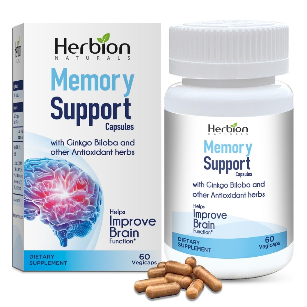 HERBION Naturals Mälu tugikapslid, aitab parandada aju funktsiooni ja puudub meelestatus, säilitab tervisliku meeleolu taseme Ginkgo Biloba, täiskasvanutele, 60 loend, pakend 1