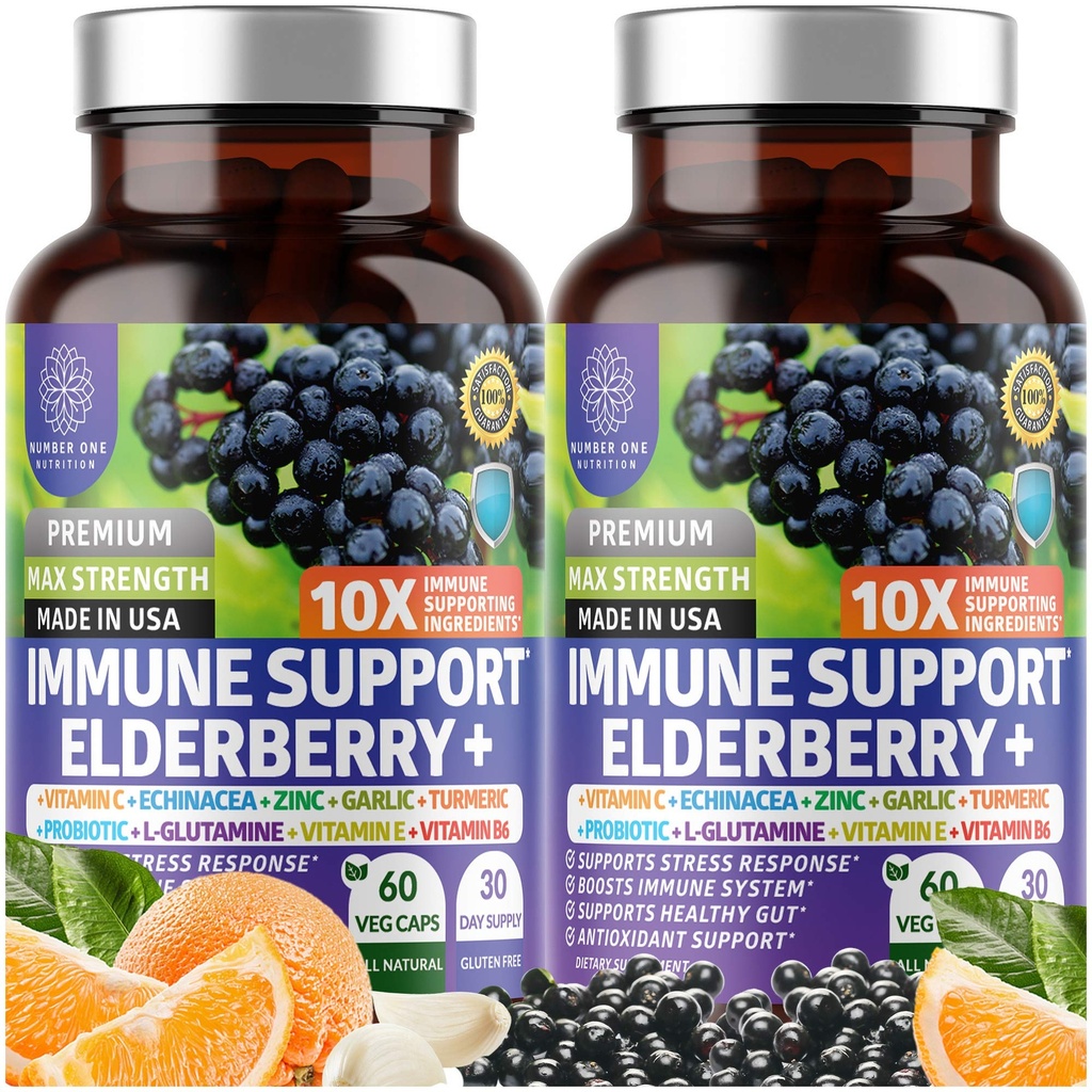 2 Pack N1N Premium 10 in 1 Immune Support Supplement [10 Potent Ingredients] Elderberry, Vitamiin C, Tsink, Echinacea, Kurkumiini, Küüslauk ja probiootikumid täiskasvanutele, 120 Veg Caps