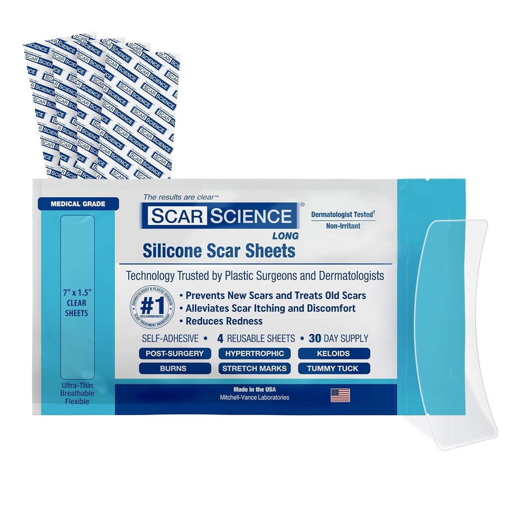 Medical Grade Silicone Scar Sheets - 7" Korduvkasutatav veekindel silikoon lint armidele - selge hingav lint C-sektsioonile, Tummy Tuck, Kirurgilised armid ja Keloidid - 4-pakk