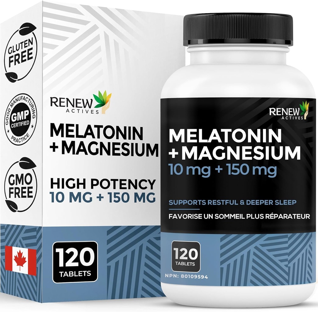 RENEW AKTIIVSED MElatoniini 10MG koos magneesiumiga 150MG uneabi ühe serveerimise kohta - toetab une algust, Jet Lag Relief, kudede moodustumist ja elektrolüütide tasakaalu rahutu une jaoks - valmistatud Kanadas - 120 kapslit