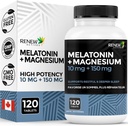 RENEW AKTIIVSED MElatoniini 10MG koos magneesiumiga 150MG uneabi ühe serveerimise kohta - toetab une algust, Jet Lag Relief, kudede moodustumist ja elektrolüütide tasakaalu rahutu une jaoks - valmistatud Kanadas - 120 kapslit