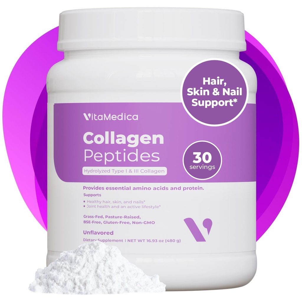 VitaMedica kollageenpeptiidide pulber naistele ja meestele - terved juuksed, nahk, küüned, luud ja liigesed - hüdrolüüsitud tüübid I & III, rohutoit, karjamaa-tõstetud valk, null suhkur - 30 portsjonit