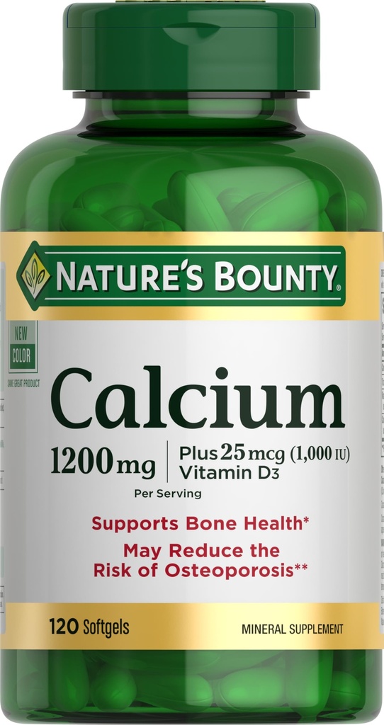 Looduse Bounty Calcium 1200 mg koos 1000 IU D3-vitamiiniga - luude tervise pehmendajad, kaltsium ja D-vitamiini lisand, gluteenivaba, 2 softgels päevas, 120 ct (pakk 1)