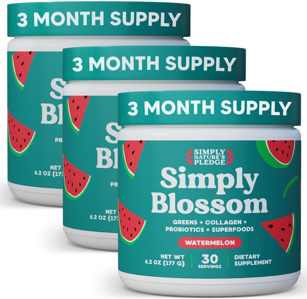 Simply Blossom Nutrition Daily Greens & Superfood Powder + Collagen + Probiotics for Women's Digestive Health & Bloating Relief. Help Your Health Bloom - 3 Month Supply - Watermelon