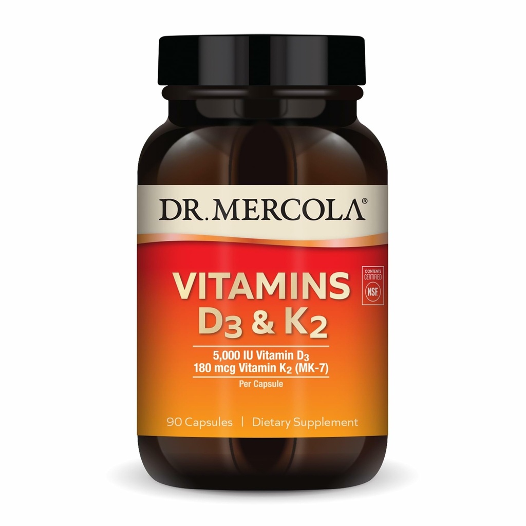 Dr Mercola vitamiinid D3 ja K2 toidulisand, 90 serveerimist (90 kapslit), toetab südame tervist, immuunsüsteemi toetust, mitte GMO-d, sojavaba, gluteenivaba