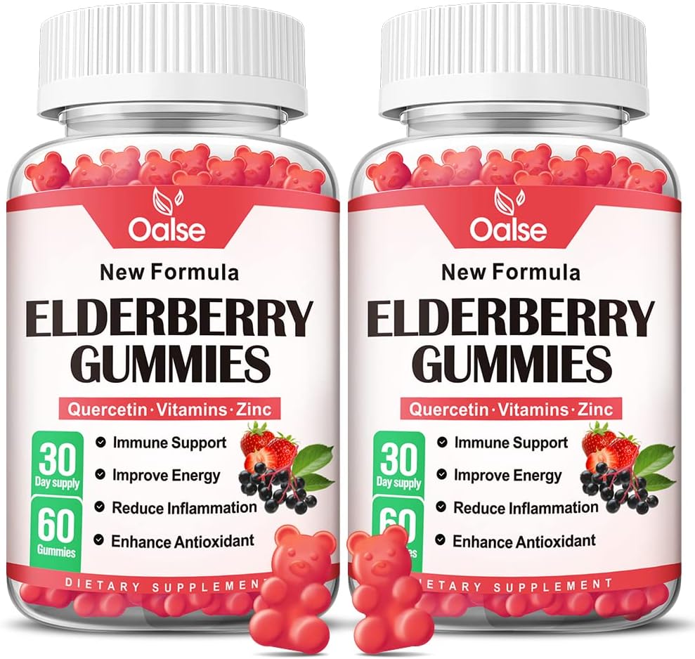 Orgaaniline Elderberry Gummies lastele ja täiskasvanutele - Sambucus Black Elderberry Gummies + Tsink ja vitamiin C & D3 toetavad immuunsüsteemi kaitset Lihaste tugevus Hammaste tervis [60 loend (pakk 2)]