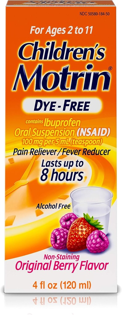 Laste Motrin Suukaudne suspensioon Ravim lastele, 100mg Ibuprofeen, Berry Flavored, 4 fl. oz
