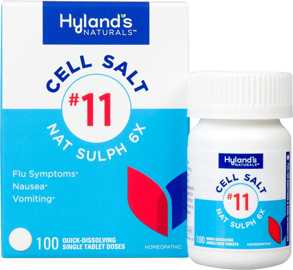 Hyland's No. 11 Cell Salt Nat Sulph 6X tabletid, külma ja gripi meditsiin, iivelduse leevendamine, kiire lahustumine tabletid, 100 Count