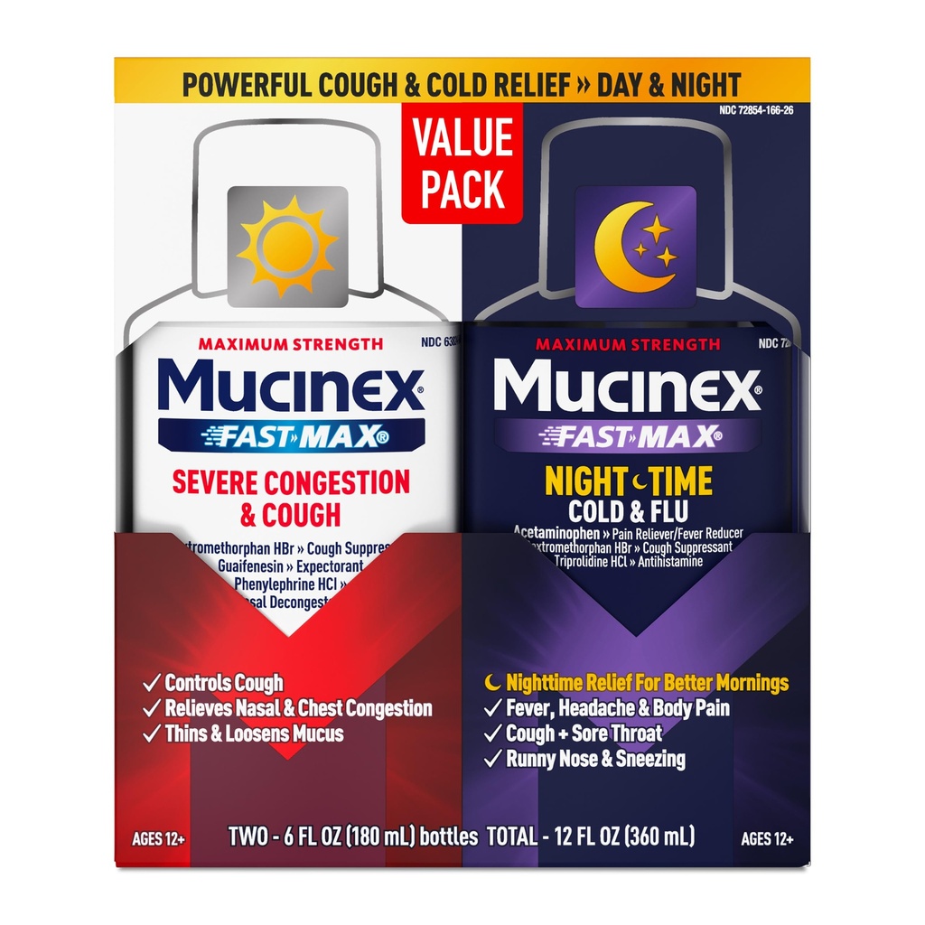 Mucinex Fast-Max & NightShift Combo Pack - Max Strength Cough & Cold Medicines for Licus Relief, Rindkere ummistus, nina ummistus, siinus, siinusrõhk, köha sümptomite leevendamine (2x 6 FL OZ)