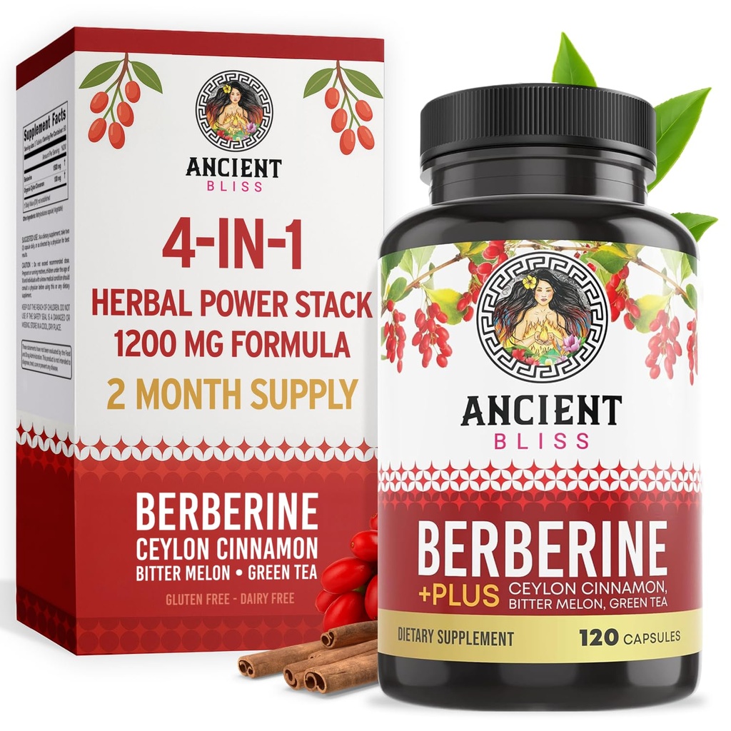 Ancient Bliss Berberine HCL 1200mg koos Ceyloni kaneeli, Mõru melon ja roheline tee ekstrakt - 120 kapslit