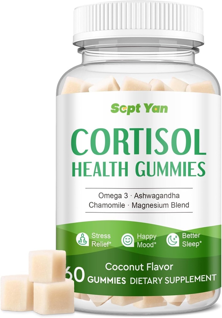 Kortisooli täiendused naistele ja meestele, kellel on fosfatidüülseriin, magneesium, ashwagandha, vitamiinid, kortisooli detox-rahulikud kummid une lõõgastamiseks stressi leevendamiseks, suhkruvaba, 30-päevane veganvarustus