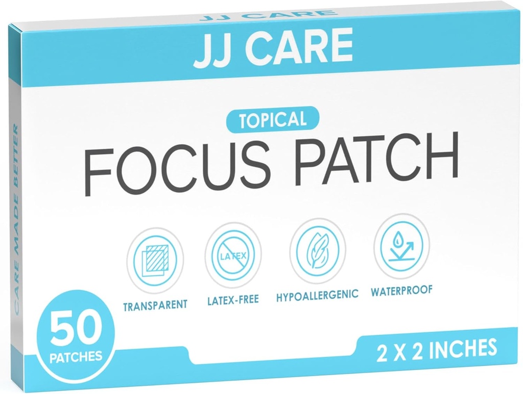 JJ CARE Focus Patch - 50 täisloodusliku fookuse pluss plaastrid täiskasvanutele, tugikontsentratsioon, fookus ja mälu | 50 päeva pakkumine aju plaastrit