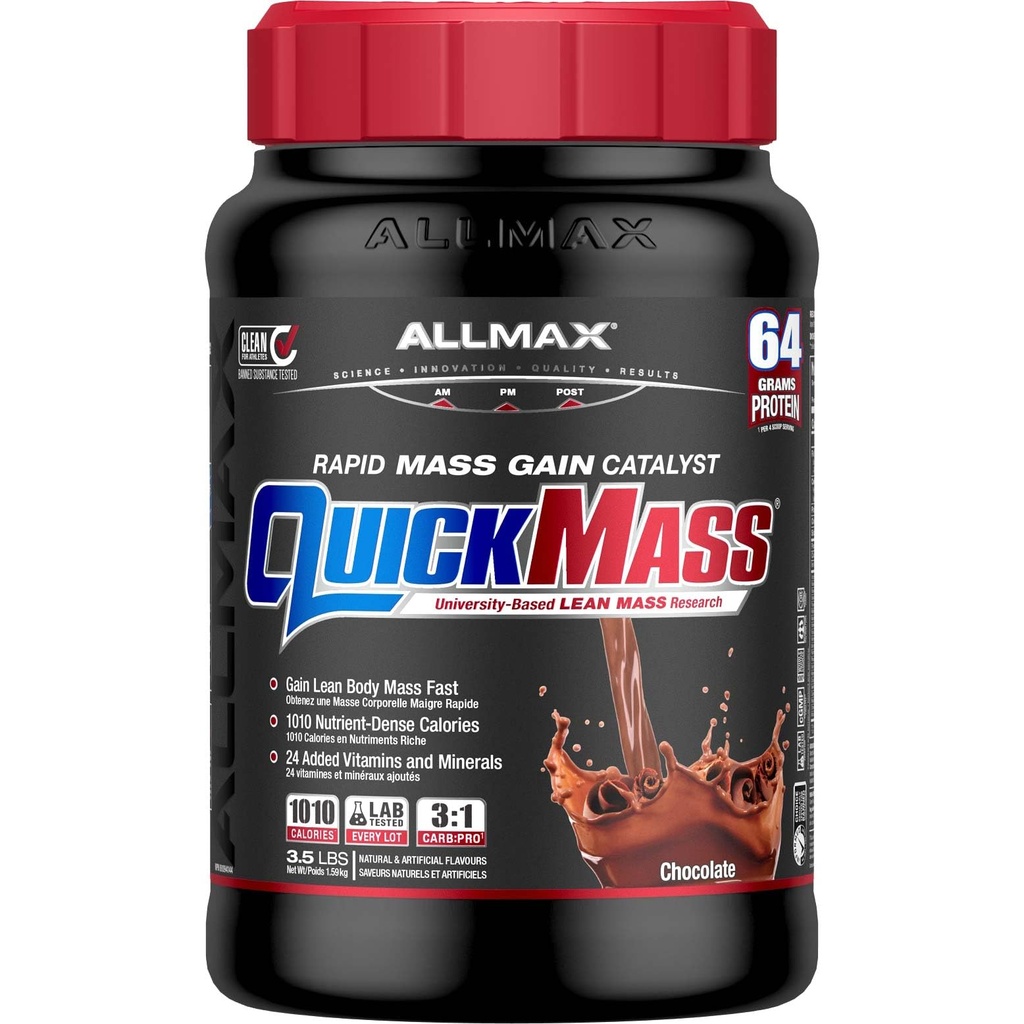 ALLMAX QUICKMASS, šokolaad - 3,5 naela - kiire massikasvu katalüsaator - kuni 64 grammi valku ühe serveerimise kohta - 3: 1 süsivesiku ja valgu suhe - null transrasv - kuni 24 serveerimist