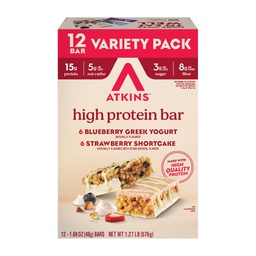 Atkins Blueberry Kreeka jogurt & Strawberry Shortcake High Protein Bar, High Fiber, Keto Friendly, 12 Count (6 Bars iga maitse)