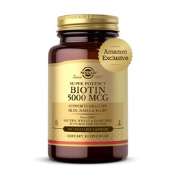 Solgar Biotin 5000 mcg - toetab tervislikku nahka, küüneid ja juukseid - toetab energiatootmist ja ainevahetust - B-vitamiin - mitte-GMO, vegan, gluteenivaba - 180 loend