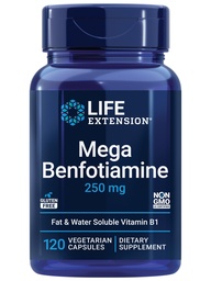 Elu pikendamine Mega Benfotiamiin, 250 mg, tiamiini rasvlahustuv vorm, tervislik ainevahetus, ülibiosaadav vitamiin B1, kõrge potentsi, gluteenivaba, mitte-GMO, taimetoitlane, 120 kapslit